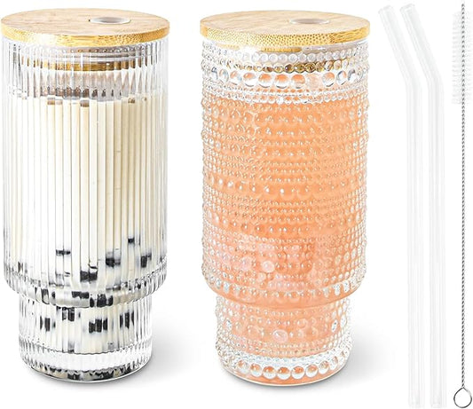 16oz Drinking Glasses Cups Set of 2 with Bamboo Lids Straws Brush Vintage Glassware Set for Mojito Iced Coffee Beer Cocktail Whiskey(Ribbed & Hobnail)