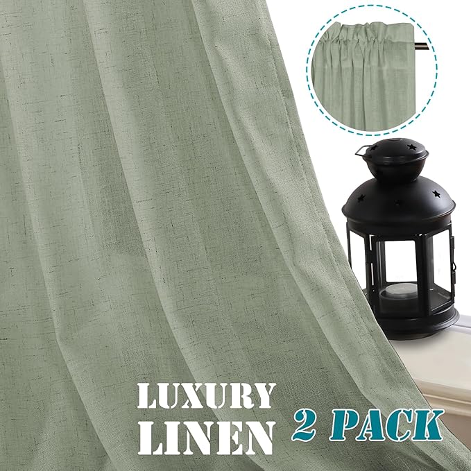 H.VERSAILTEX Linen Curtains Elegant Natural Linen Semi Sheer Curtains Energy Light Filtering Rod Pocket Window Treatments Panels for Living Room (Set of 2, Sea Grass, 52 inch W X 72 inch L)