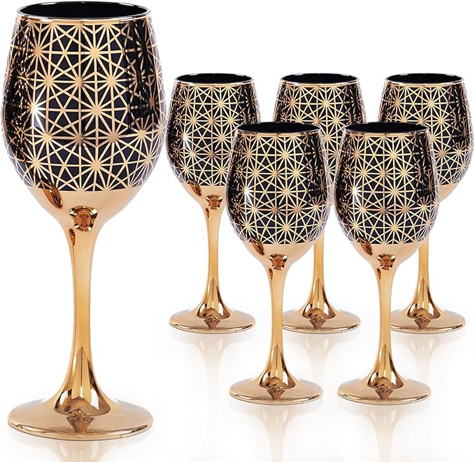 Gold Rim Wine Glasses - 12oz Black and Gold Long Stem Set for Fall, Thanksgiving, Christmas, Housewarming or Birthday Gift (Black, Set of 6)
