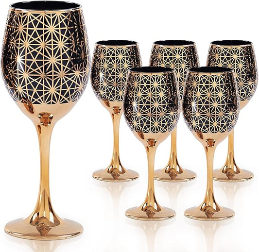 Gold Rim Wine Glasses - 12oz Black and Gold Long Stem Set for Fall, Thanksgiving, Christmas, Housewarming or Birthday Gift (Black, Set of 6)