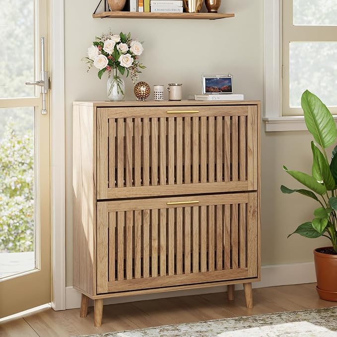 Shoe Storage Cabinet with 2 Flip Slatted Drawers, Narrow Wood Shoe Cabinet with Gold Handle, Hidden Entryway Shoe Organizer for Hallway, Foyer, Natural Oak