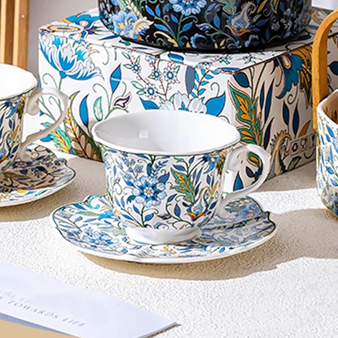 Vintage Floral Ceramic Tea Cups and Saucers,8.45 oz/260ml Small Breakfast Milk Coffee Mugs Colorful Flowers