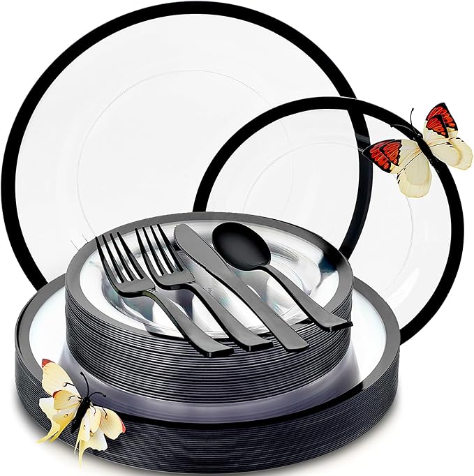 By Madee HEAVYWEIGHT 150 Pcs Clear and Black Party Plates and Utensils Set | Fancy Disposable Dinnerware Set with Gift of 3D Butterflies for Table Decor (150 Pcs 25 Guests)