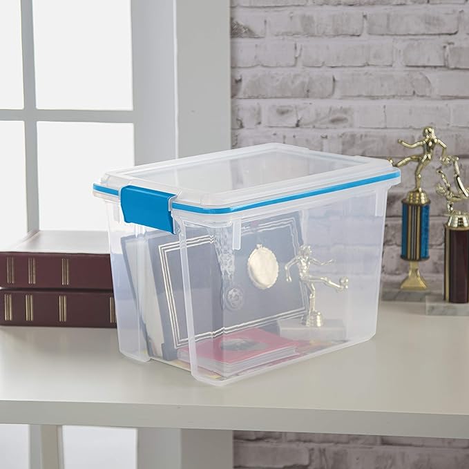 Sterilite 20 Qt Gasket Box, Stackable Storage Bin with Latching Lid and Tight Seal, Plastic Container to Organize Basement, Clear Base and Lid, 6-Pack