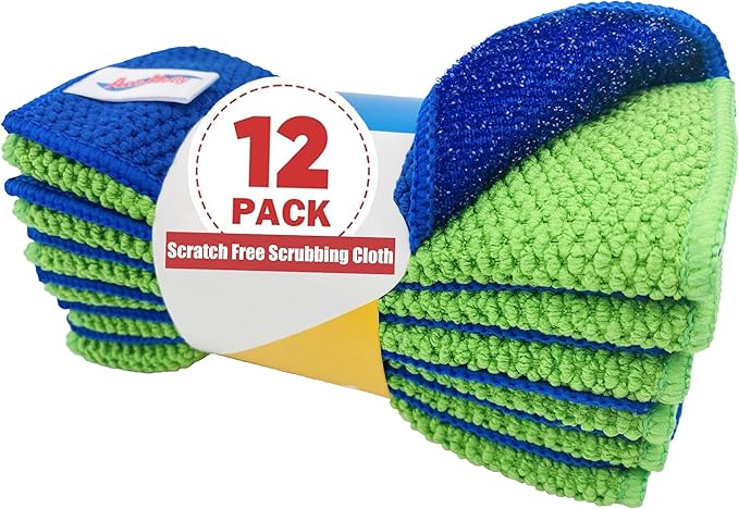 12 Pack Microfiber Scrub Dish Cleaning Cloth, Non-Scratch, Reusable & Durable for Pan Pot Dish Cooktop Stovetop Counter Kitchen Household, Machine Washable, 5.5 x 5.5 Inch, Blue & Green Assorted