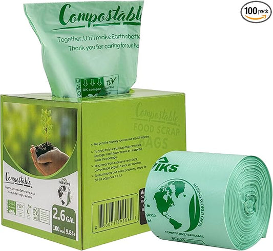 Super Durable Biodegradable Compostable Trash Bags 2.6 Gallons / 9.84 Liter, Green Biodegradable Trash Bags 100 Pcs, Small Kitchen Compost Bags for Countertop Bin, BPI & OK Compost Certified