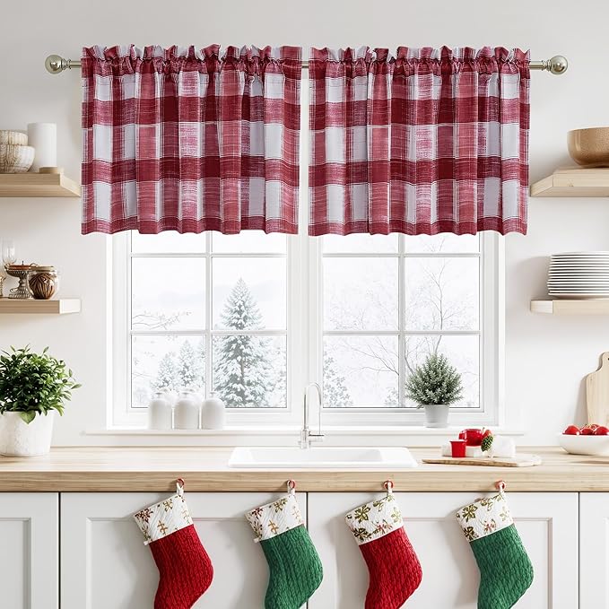 NICETOWN Christmas Plaid Valances for Kitchen, Farmhouse Style Rod Pocket Red Holiday Curtains 18 Inch Length, Xmas Window Treatments Tiers for Living Room, 52 x 18 inch, 1 Pair, Red & White