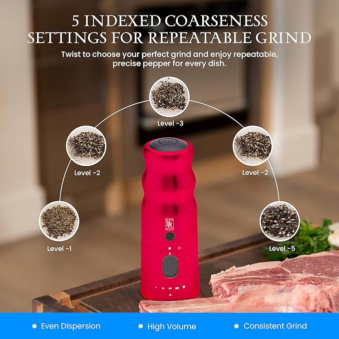 BLACK RAIN Pepper Mill Grinder, Adjustable Coarseness, Rechargeable Pepper Grinder with LED Light, Heavy Duty Professional Grade Electric Peppercorn Grinder (Brushed Silver)
