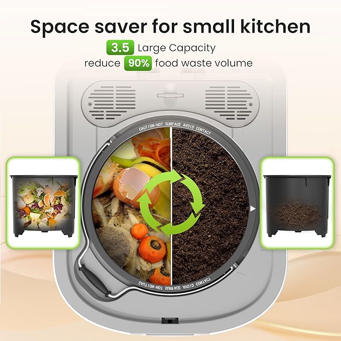Kismile Electric Composter for Kitchen, 3.5L (Max 4L) Indoor Smart Compost Bin Countertop with LED Display, Odorless with 2 Carbon Filters, Auto-Cleaning, Turn Food Waste into Fertilizer for Home