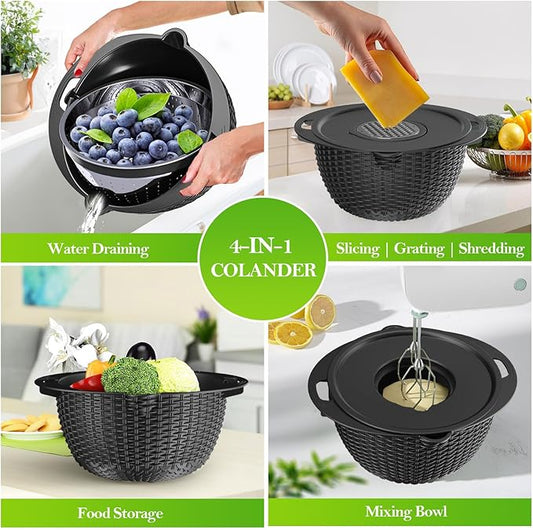 4-1 Colander with Mixing Bowl Set - Colander for Kitchen - Strainers and Colanders - Pasta Strainer - Bowl With Colander - Rice Strainer Fruit Cleaner Veggie Wash Kitchen Essentials, Black