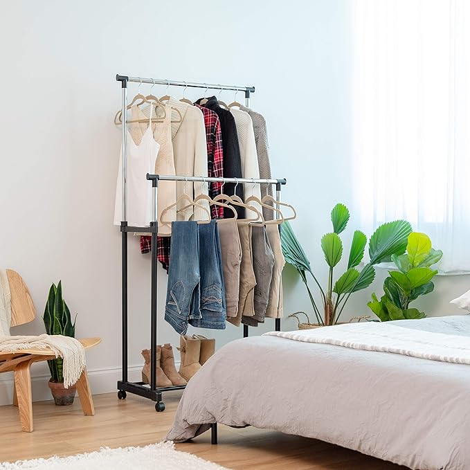 IRIS USA Clothes Rack, Portable Double-Rod Height Adjustable with Lockable Wheels, Rolling Garment Rack, Double Rod Wardrobe Rack, Easy Assemble, for Clothes, Belts, Shoes, and Bags
