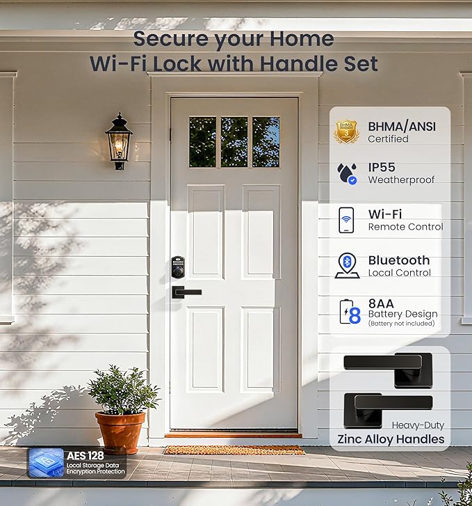 Veise VE012W-L Built-in WiFi Fingerprint Smart Lock with Lever Handle Set, App Remote Control, Keyless Entry for Front Door, Deadbolt Digital Backlit Keypad, Voice Assistant, Auto Lock, Matte Black