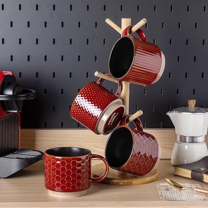 GBHOME 15OZ Stackable Coffee Mugs, Ceramic Coffee Cups with Texture Patterns for Man,Woman,Dad,Mom, Modern Coffee Mugs Set of 4 for Latte/Cappuccino/Cocoa. Dishwasher&Microwave Safe, Red