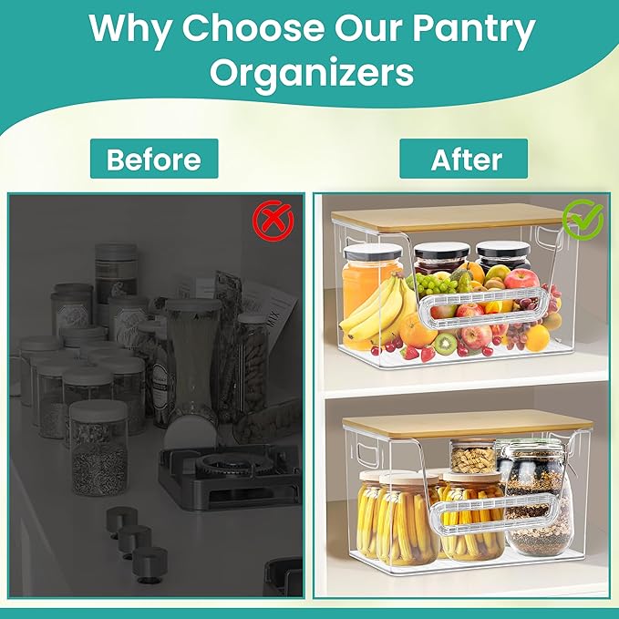 2 Set Pantry Organizers, Storage,Bamboo Lids with Removable Drain Trays, Stackable Clear Bins for Potato, Onion, Vegetables, Fruit, Trash Bag Dispenser, Under Sink Organizer for 4-13 Gal Bags