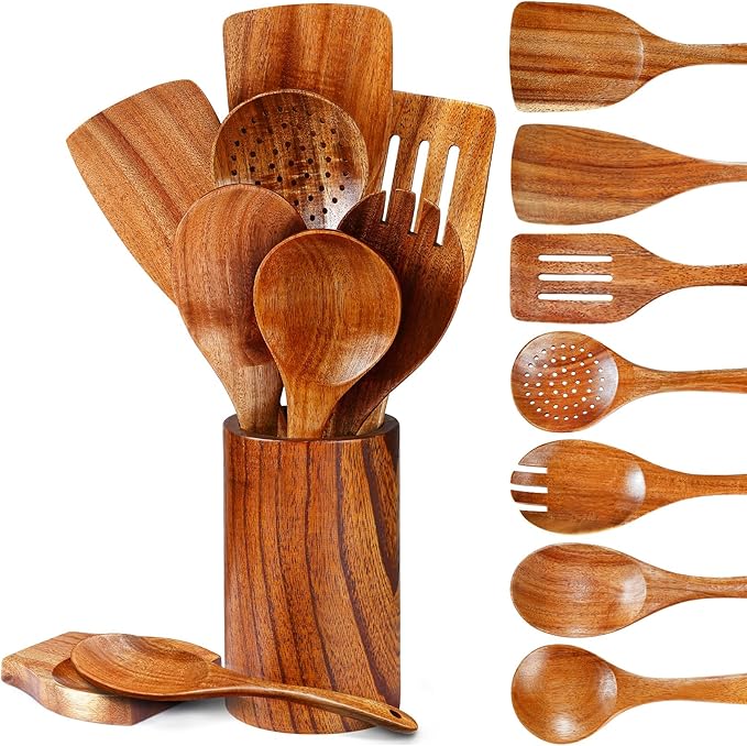 Pleafind Natural Teak Wooden Utensil Set - 9 Pcs, Wooden Spoons for Cooking, Wooden Cooking Utensils Set with Holder ＆ Spoon Rest, Soft Comfort-Grip Wood Kitchen Utensil Set for Non-Stick Cookware