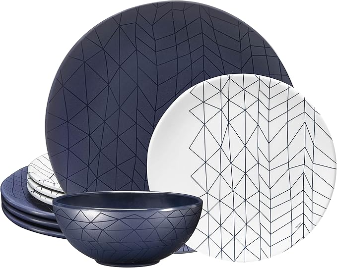 bzyoo 12 Piece Melamine Dinnerware Set - Durable, Dishwasher Safe Plates and Bowls - Dinning, Parties, Camping Dish Set Spidy Blue Collection