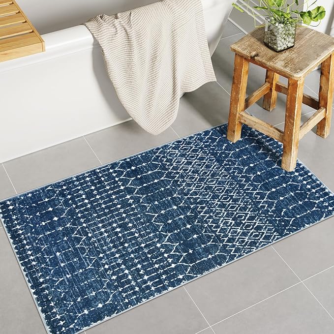 Lahome Moroccan Runner Rugs for Hallway - 2x4 Bathroom Rugs Non-Slip Small Throw Kitchen Carpet Low-Pile Mat for Entryway Laundry Room Mat Geometric Indoor Carpert for Entrance Bath (Blue,2'x4')