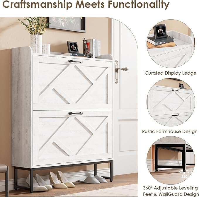 Nicetree Shoe Storage Cabinet with 2 Flip Drawers, Freestanding Shoe Organizer, Shoe Cabinet with Metal Legs, Narrow Shoe Rack Cabinet, Farmhouse Slim Shoe Cabinet for Entryway, Foyer, Hallway, White