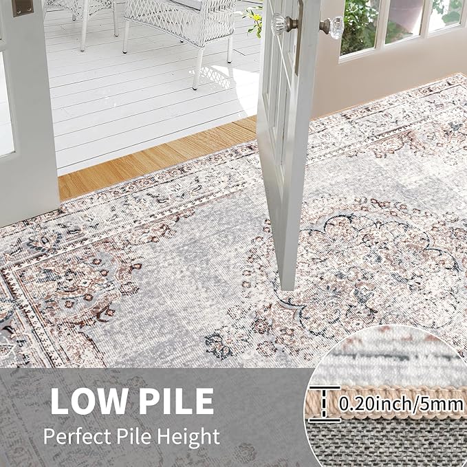 Easy-Going Boho Area Rug 3x5 Entryway Rug Washable Inside Door Mats for Home Entrance Non-Slip Vintage Distressed Small Rugs for Entry Living Room Kitchen Bathroom Lightweight Carpet, Grey Brick