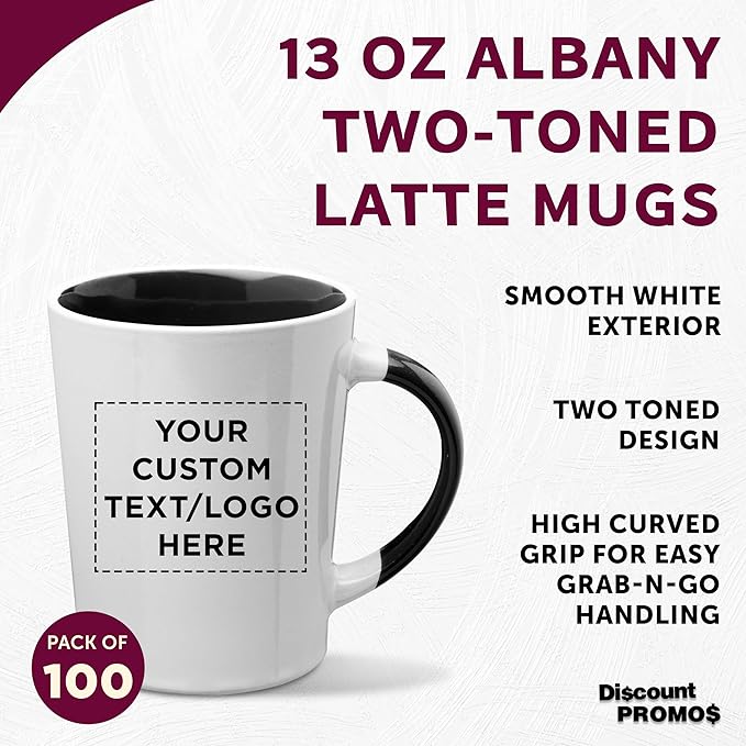 Custom Ceramic Latte Coffee Mugs by Albany 13 oz. Set of 100, Personalized Bulk Pack - Perfect for Coffee, Tea, Espresso, Hot Cocoa, Other Beverages - Black