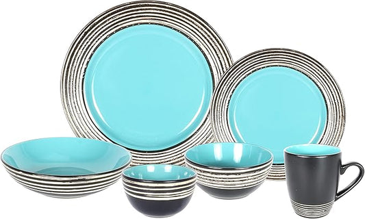 48 Piece Dinnerware Set, Ceramic Plates and Bowls Sets for 8, Microwave and Dishwasher Safe, Handcrafted Tree Bark Series Dish Set, Turquoise