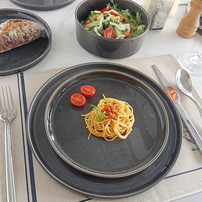 Stoneware Dinnerware Sets, Plates and Bowls Set for 4, 12-Piece Modern Stoneware Dinnerware – Chip Resistant, Non-Toxic, Dishwasher and Microwave Safe Tableware，Matte Black