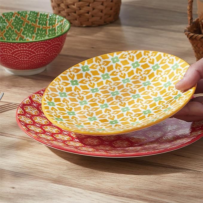 ONEMORE Ceramic Dinnerware Set, 12 Pieces Dish Sets for 4, Porcelain Plates and Bowls Sets, Microwave and Dishwasher Safe, Colorful