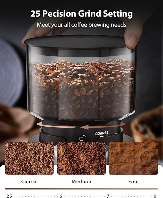 Aromaster Conical Burr Coffee Grinder with 25 Grind Settings,Adjustable 2-12 Cups Timer,Coffee Bean Grinder,3-Ear Portafilter Holder, Anti-static Design,Cleaning Brush Included,Premium Black