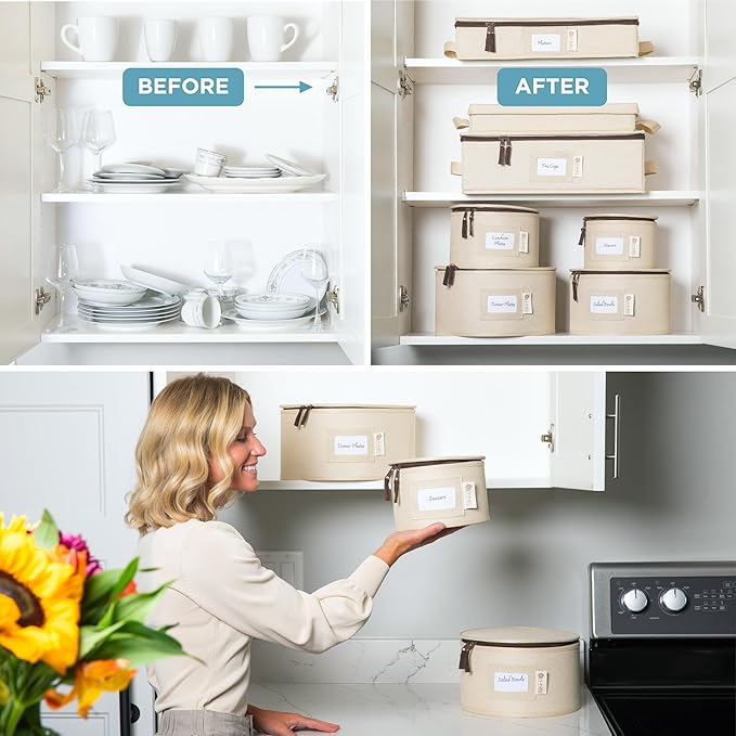 Hard Shell China Storage Containers 12-Piece Set Moving Boxes for Dinnerware, Glasses, Plates, Mugs and Saucers Sturdy Dish Organizer with Dividers for Seasonal Storage - Service for 12 - Beige