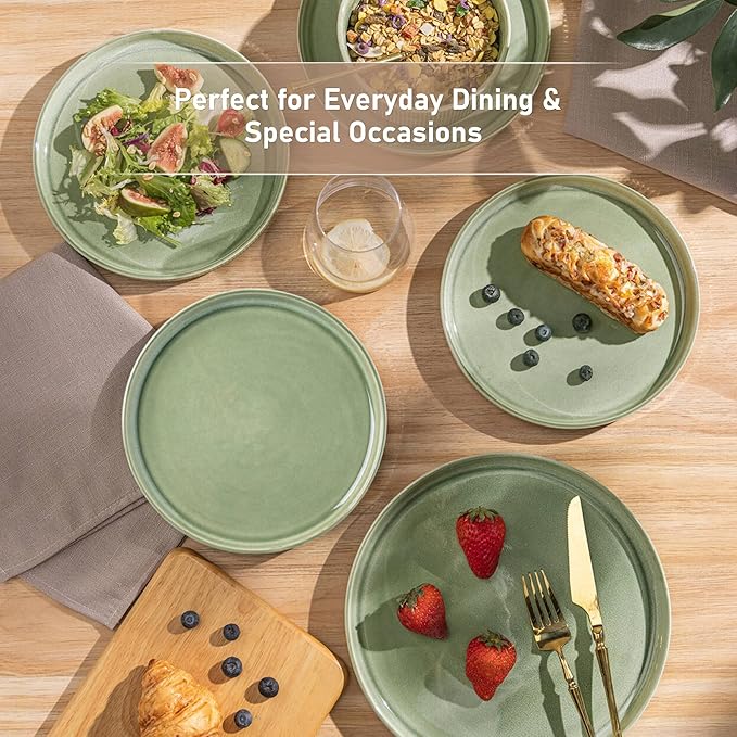 GBHOME Stoneware Dinnerware Sets for 6,Round Reactive Glaze Ceramic Plates and Bowls Set,Highly Scratch Resistant | Dishwasher & Microwave Safe Dishes Set,Service for 6(18Pcs)，Olive Green
