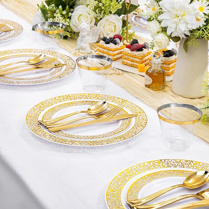 WELLIFE 210Pcs Gold Plastic Dinnerware - Disposable Silverware and Cups, Include:30 Dinner Plates, 30 Dessert Plates, 30 Paper Napkins, 30 Cups, 30 Gold Plastic Cutlery Set for Party and Christmas