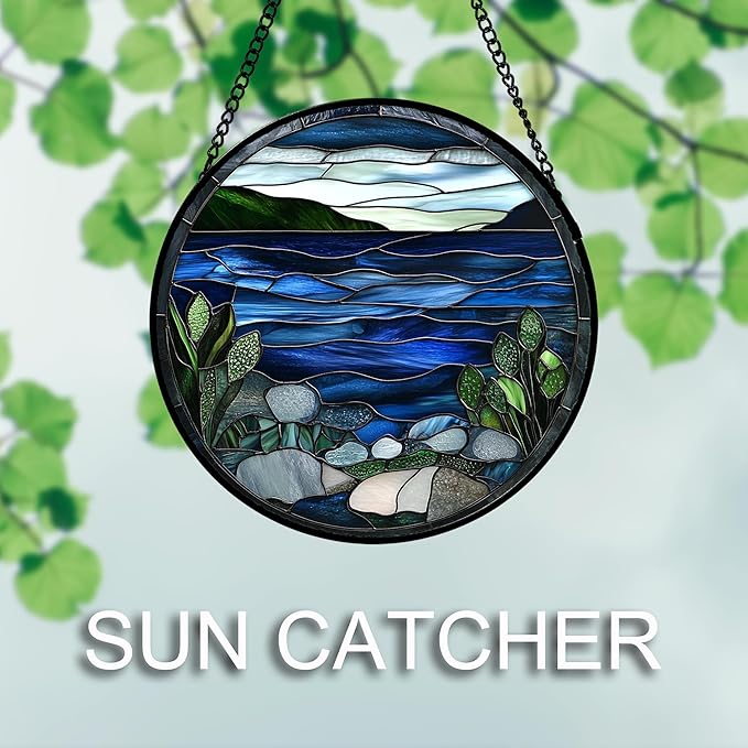 Stained Glass Window Hanging 4 Pcs Set Navy Blue Ocean Landscape Large 11.8" - Suncatcher Door Garden Sun Catcher Decor Birthday Mother's Day for Mom Woman Nana Girl Boy Friend