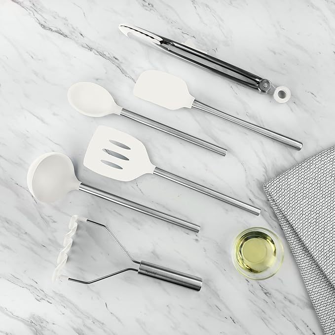 Tovolo Silicone Cooking Utensil Set of 6 White Ladle Slotted Turner Tongs Flex Core Spatula Scraper Mixing Spoon and Potato Masher, Dishwasher Safe Non Toxic BPA Free Silicone Kitchen Utensils