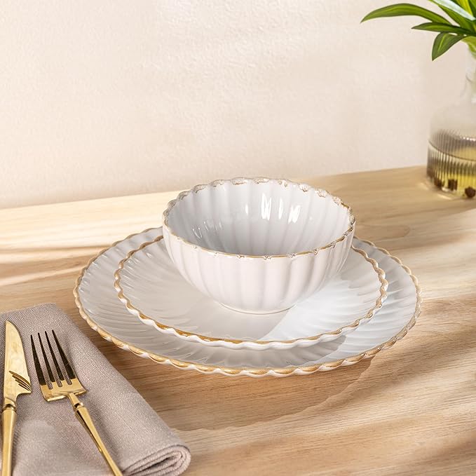 GBHOME Stoneware Dinnerware Sets for 4,Handcrafted Embossed Design Reactive Glaze Ceramic Plates and Bowls, Dishwasher and Microwave Safe, Service for 4(12pcs)