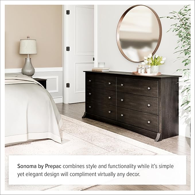 Prepac Sonoma 6-Drawer Double Dresser for Bedroom, Wide Chest of Drawers, Traditional Bedroom Furniture, 59" wide x 17.5" deep x 29" tall, Washed Black