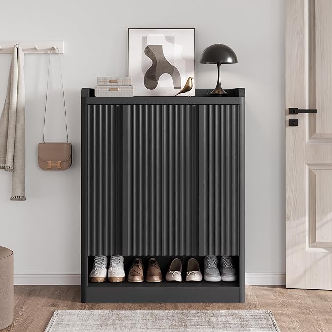 Fluted Shoe Storage Cabinet for Entryway – 45" Tall, 6-Tier Shoe Organizer with 4 Adjustable Shelves, Mid-Century Freestanding Wooden Shoe Rack for Hallway, Living Room, Closet, Black(1PCS)