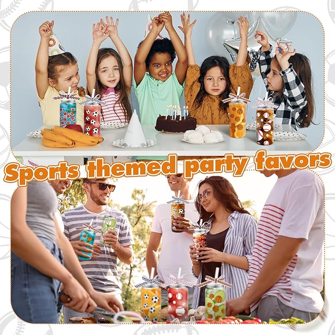 Hushee 24 Pcs 14.2 oz Sports Plastic Tumbler with Lid and Straw Basketball Football Baseball Soccer Clear Plastic Cups with 4 Sports Themed Ribbons Reusable Cups for Birthday Party Favors