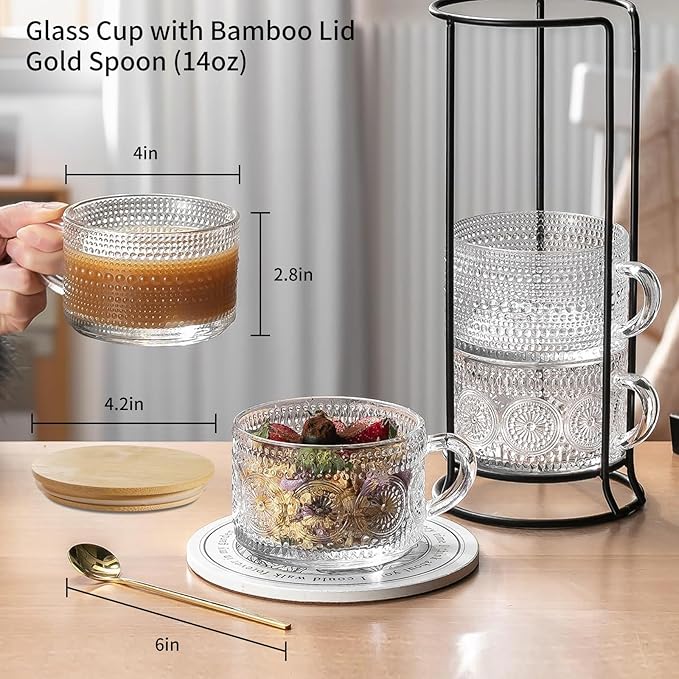 4pcs Vintage Glass Coffee Mugs Cups, Overnight Oats Containers Glass Cups Mugs with Bamboo Lids and Spoons - 14oz Clear Embossed Glass Cups, Cute Iced Coffee Glasses Gifts for women.