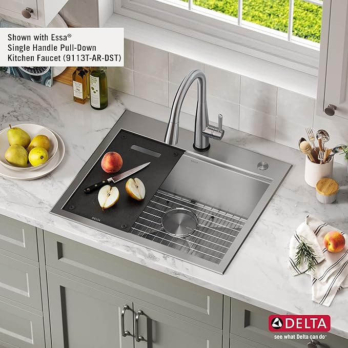 DELTA FAUCET Rivet 25-Inch Workstation Kitchen Sink Drop-In Top Mount 16 Gauge Stainless Steel Single Bowl with WorkFlow Ledge and Chef’s Kit of 5 Accessories, 95A931-25S-SS