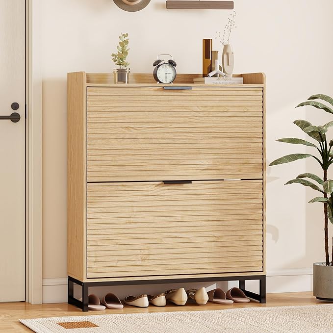Shoe Cabinet Storage with 2 Flip Drawers for Entryway, Oak Wooden Slim Shoe Organizer with Adjustable Shelf, Freestanding Hidden Narrow Shoe Rack Cabinet for Hallway
