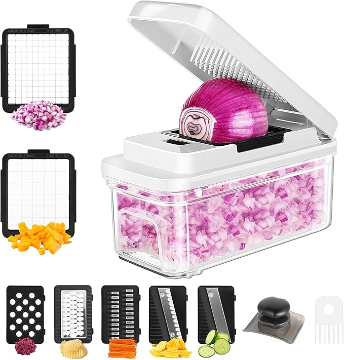 Vegetable Chopper, Professional Food Chopper & Mandoline Slicer with 7 Blades and 900mL Container, Kitchen Gadgets & Home Essentials (White)