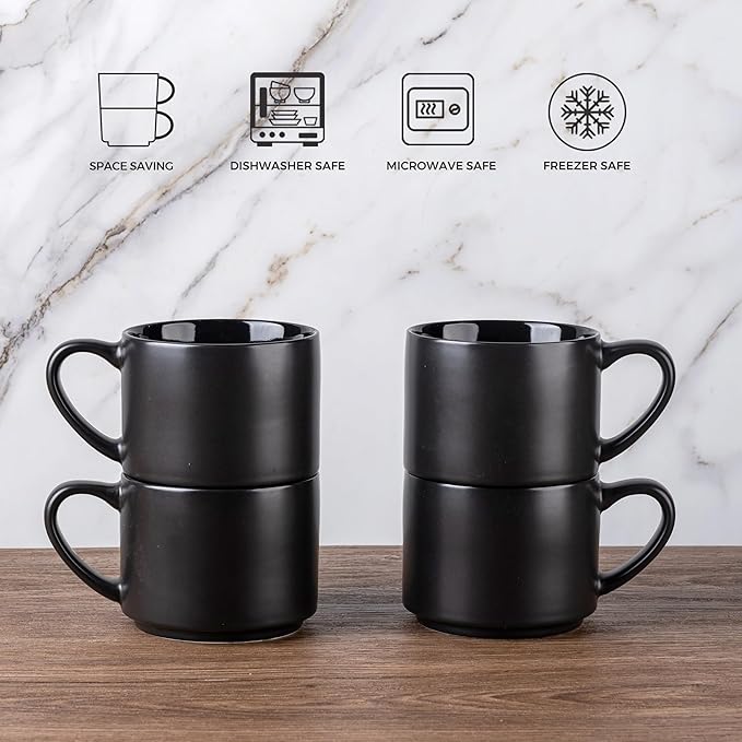 GBHOME 14 OZ Coffee Mugs Set of 6, Stackable Ceramic Mugs for Men, Women, Modern Coffee Cups With Stable Base for Latte, Tea, Cappuccino. Dishwasher & Microwave Safe, Matte Black