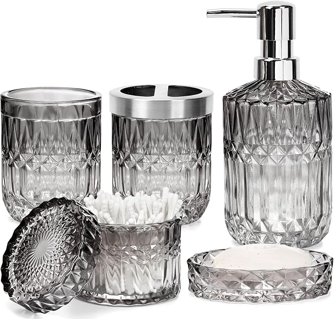 Black Bathroom Accessories Set, 5 Pcs Vintage Diamond Clear Glass Bathroom Set Include Lotion Soap Dispenser, Soap Dish, Toothbrush Holder, Tumbler, Cotton Swab Jar for Modern Bath Countertop Decor