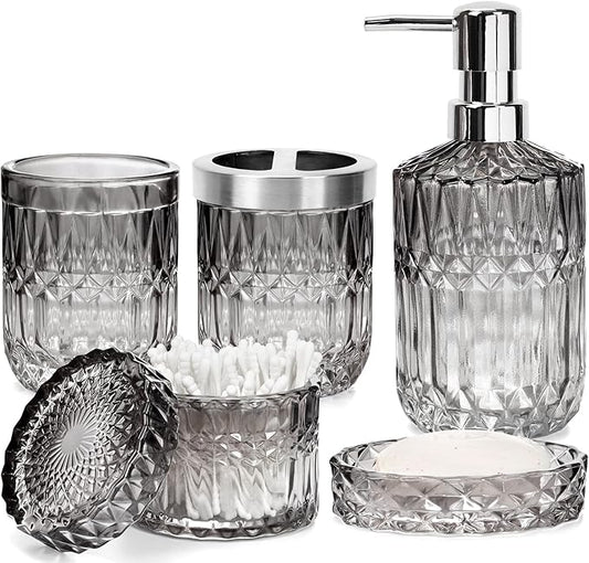 Black Bathroom Accessories Set, 5 Pcs Vintage Diamond Clear Glass Bathroom Set Include Lotion Soap Dispenser, Soap Dish, Toothbrush Holder, Tumbler, Cotton Swab Jar for Modern Bath Countertop Decor