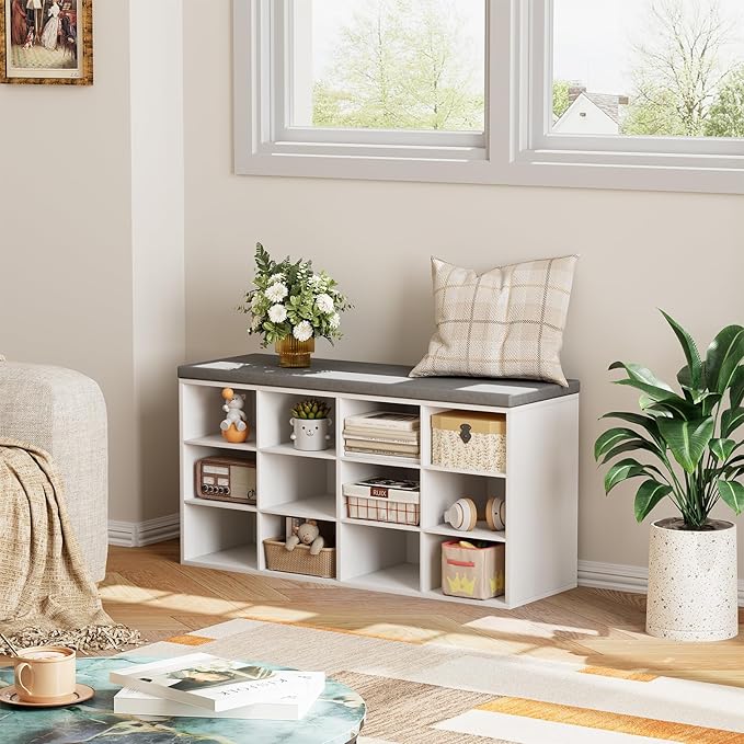 12-Cubby Shoe Rack with Cushion, 3-Tier Wood Shoe Organizer, Multifunctional Shoe Organizer Bench for Entryway, Mudroom, Hallway, Closet,36.22 * 11.81 * 17.7 Inch, White