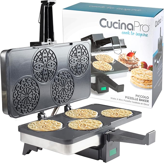 Piccolo Pizzelle Baker- Nonstick Electric Press Makes 4 Mini Holiday Cookies at Once- Recipe Guide Included- Fun Christmas Baking Supplies for Party, Italian Waffle Dessert Treat Making- Gift for Her