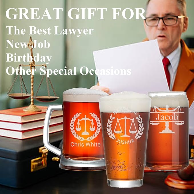 Personalized Lawyer Gifts for Men, Custom Beer Glass, Pass the Bar Exam Gifts for Female Lawyers, Office Present for Attorney, JD, Future Lawyer, Law School Graduation Gift for Men