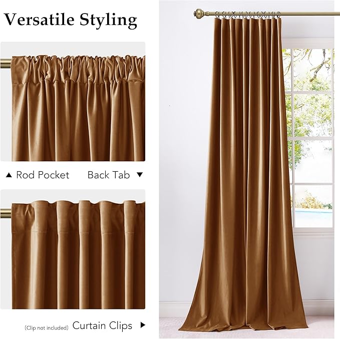 NICETOWN Room Darkening Bronze Velvet Curtains 120 inch Length for Large Sliding Door, Thermal Insulated Drapes for Living Room, Back Tab Pinch Pleat, 52 W x 120 L inch, 2 Panels