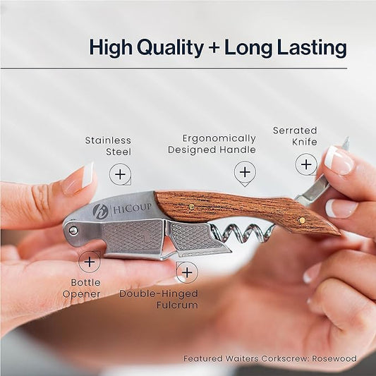 Hicoup Wine Opener - Professional Corkscrews for Wine Bottles w/Foil Cutter and Cap Remover - Manual Wine Key for Servers, Waiters, Bartenders and Home Use - Pakka Wood