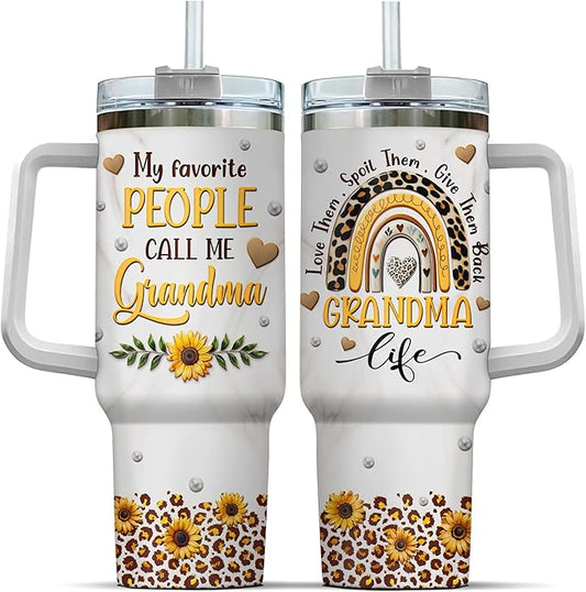 Nana Tumblers Handle Heart Daisy Cup Cups Coffee Print Black For Granny, Grandma Gifts, Tumbler 40 Oz With Handle Lid And Straw, Grandma Carving Rainbow Leopard Sunflower
